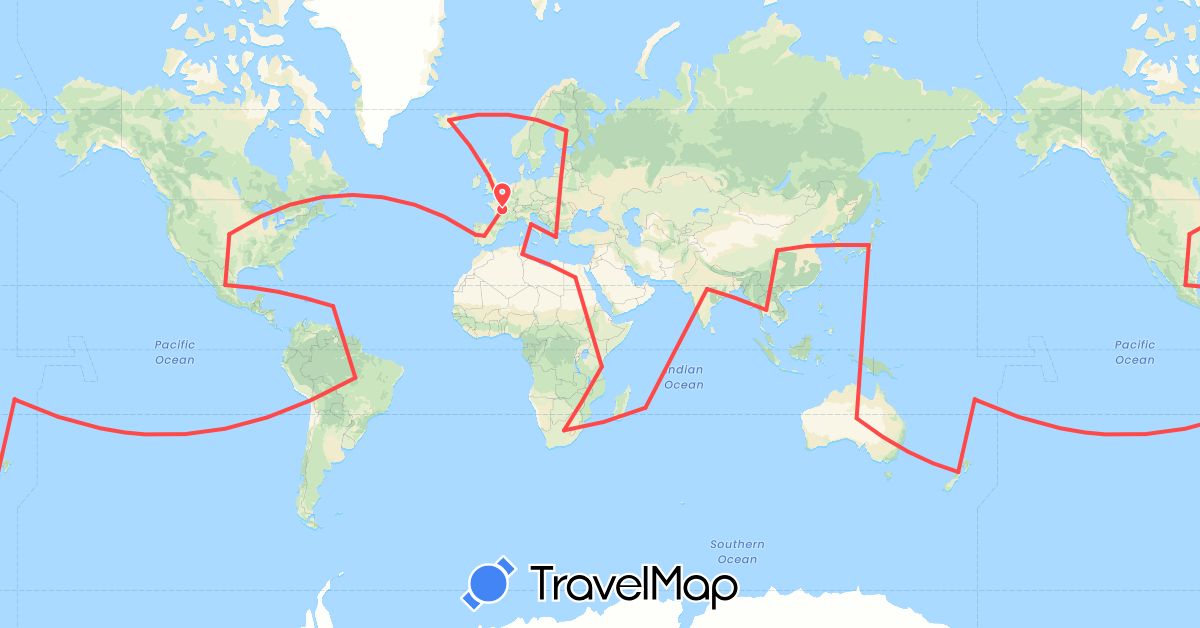 TravelMap itinerary: driving, hiking in China, Egypt, Spain, Finland, Fiji, France, United Kingdom, Greece, India, Iceland, Italy, Japan, South Korea, New Zealand, Portugal, Thailand, Tunisia, Tanzania, South Africa (Africa, Asia, Europe, Oceania)